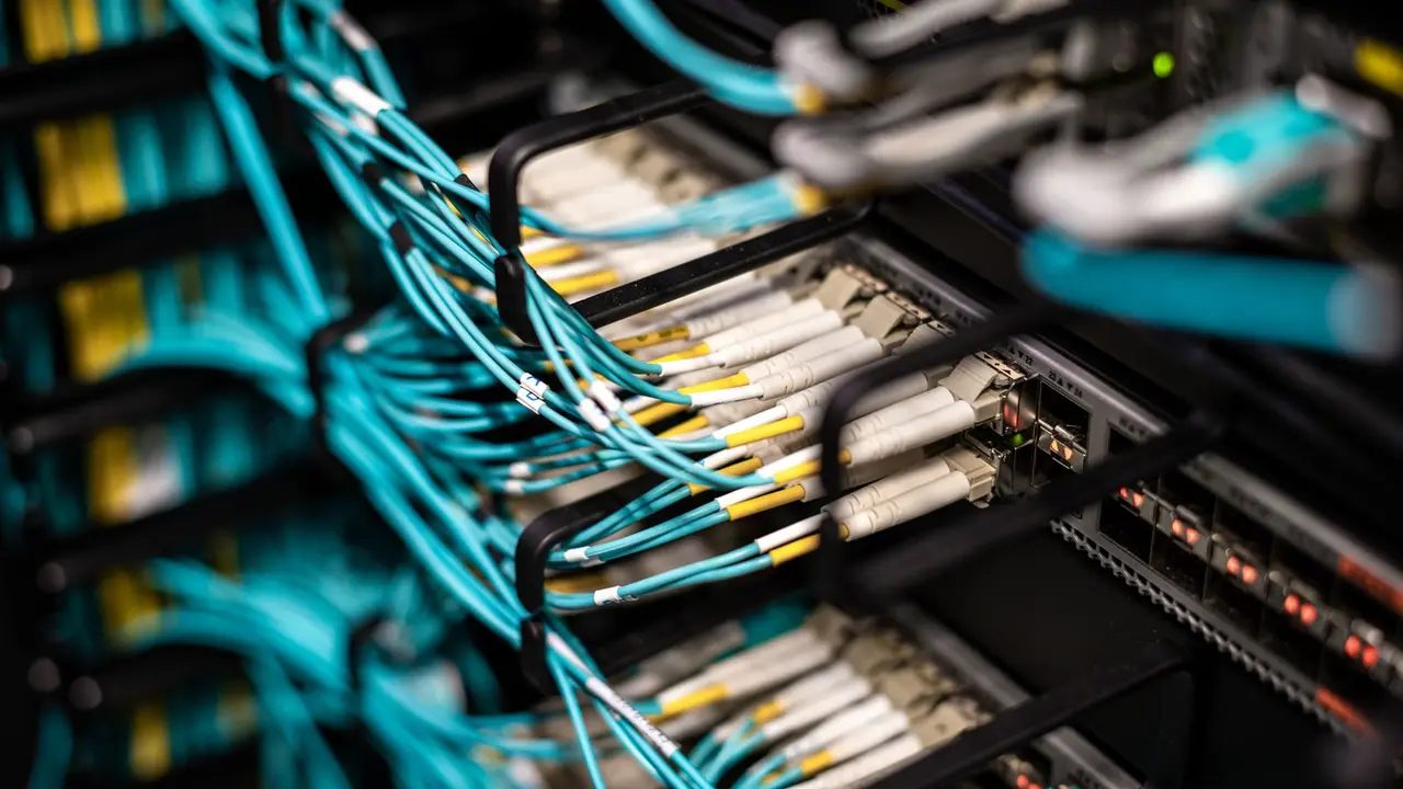 Türkise Netzwerkkabel an einem Patchpanel, die Systeme miteinander verbinden